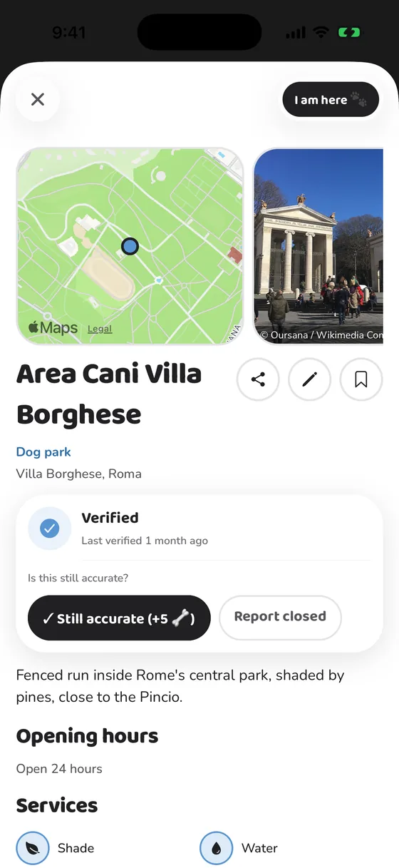 A dog park page in PawFriend: map, photo, opening hours and when it was last verified